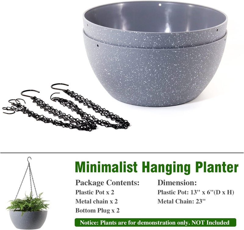 WOUSIWER 13 inch 2 Pack Large Hanging Planters for Indoor Outdoor Plants with Drainage Holes and Chain, Round Hanging Flower Pots for Garden Home Porch Decor, Grey Speckles - Image 4
